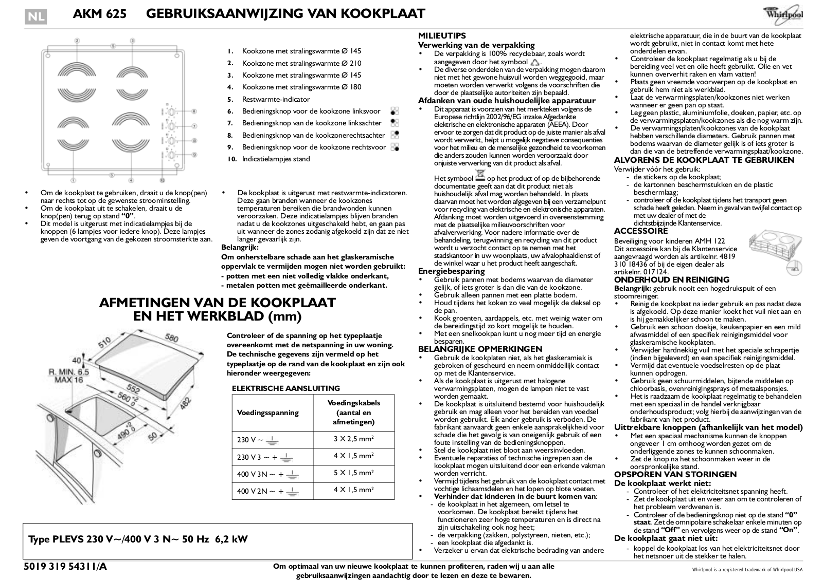 Whirlpool AKM 625/WH, AKM 625/IX PROGRAM CHART