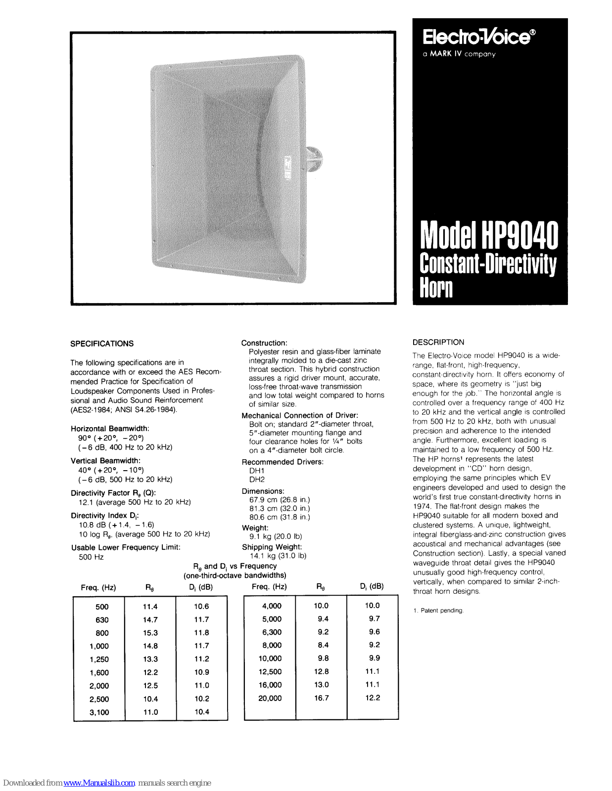 Electro-Voice Constant-Directivity Horn HP9040 Specification Sheet