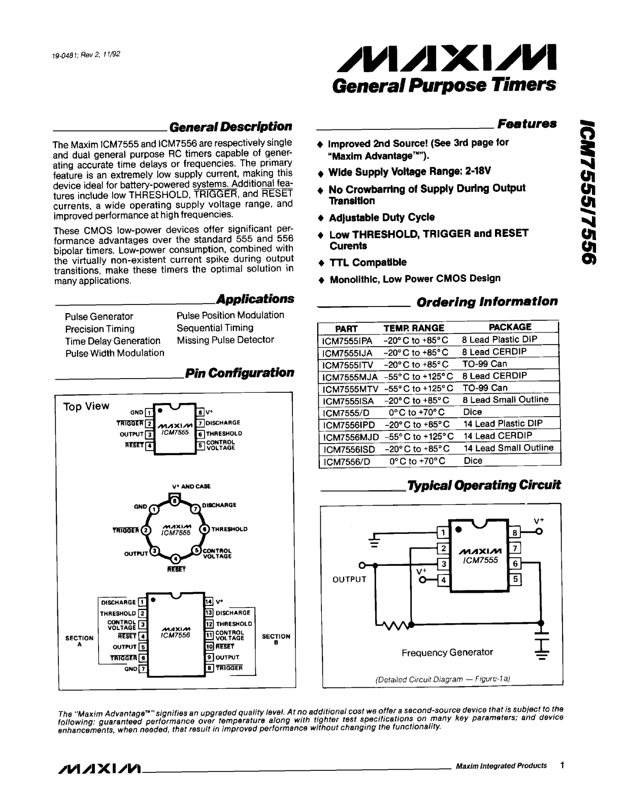 Maxim Integrated Producs ICM7556D, ICM7556IPD, ICM7556ISD, ICM7556MJD, ICM7555D Datasheet