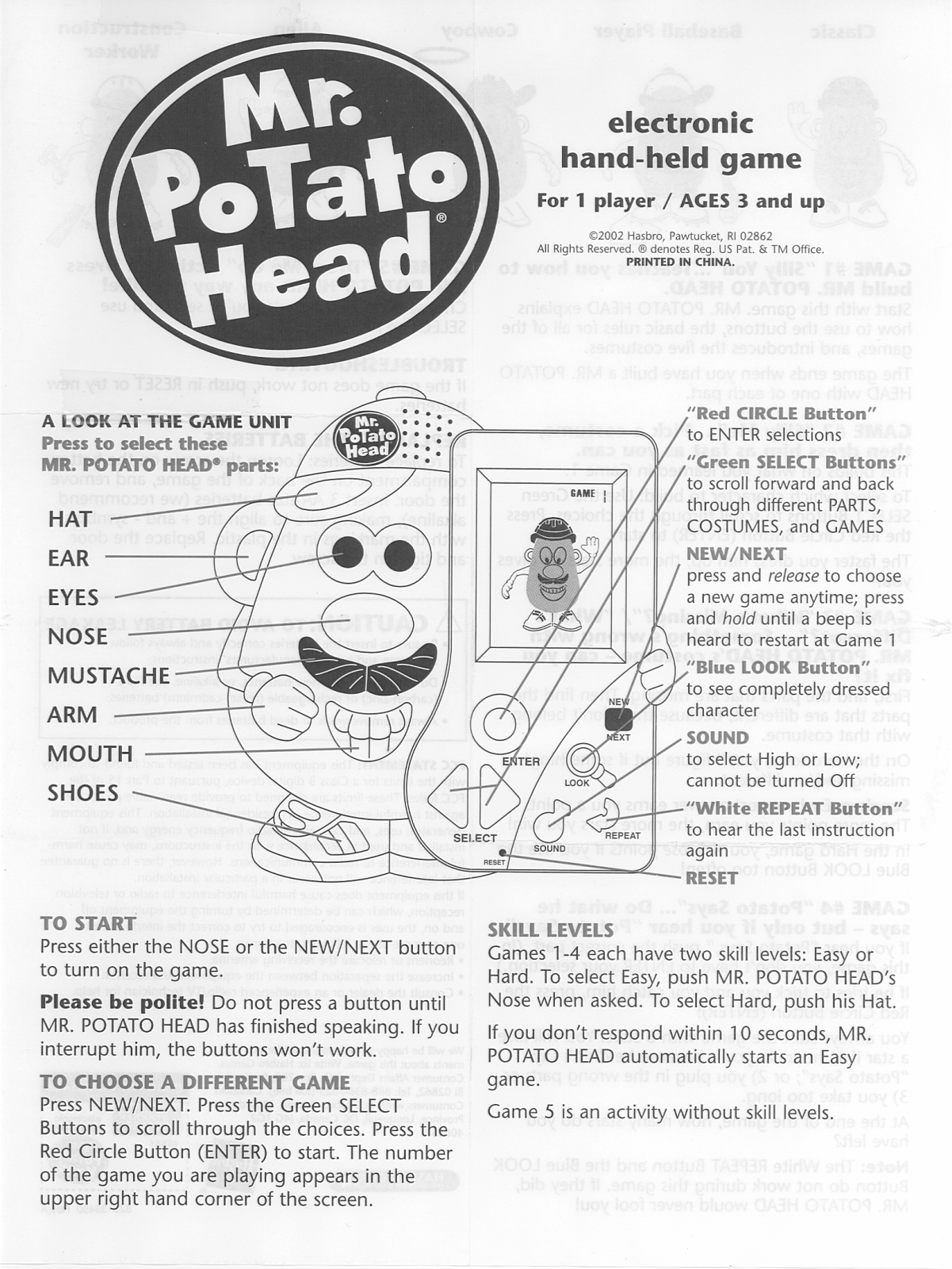 HASBRO Mr Potato Head Hand Held 2002 User Manual