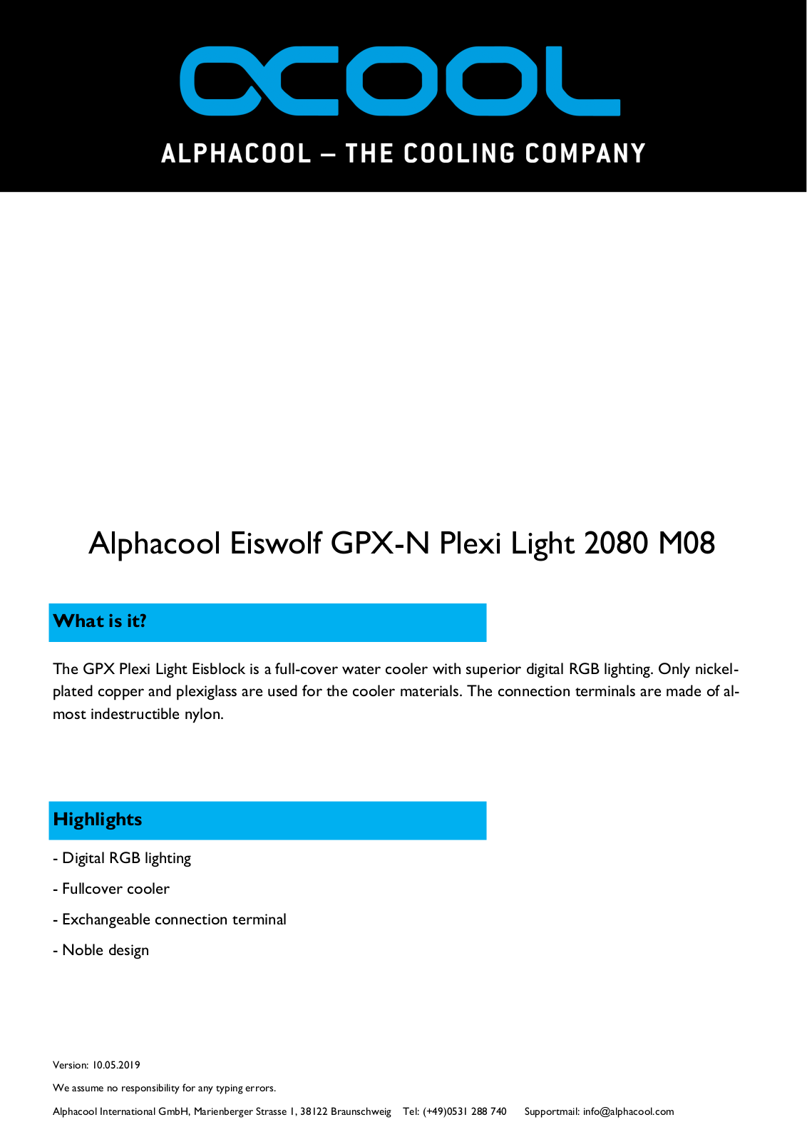 Alphacool Eiswolf GPX-N Plexi Light 2080 M08 User Manual
