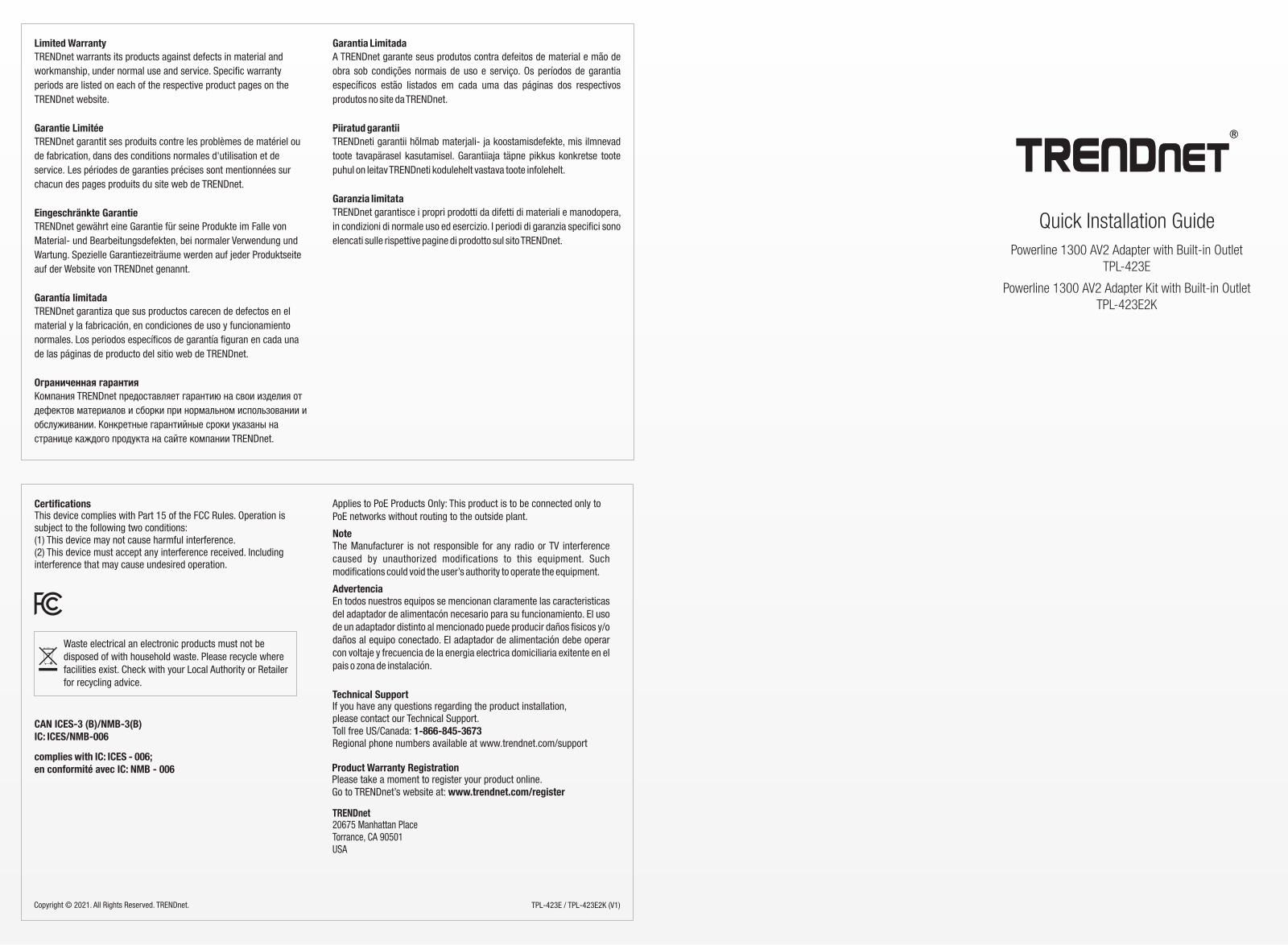 Trendnet TPL-423E, TPL-423E2K Quick Installation Guide