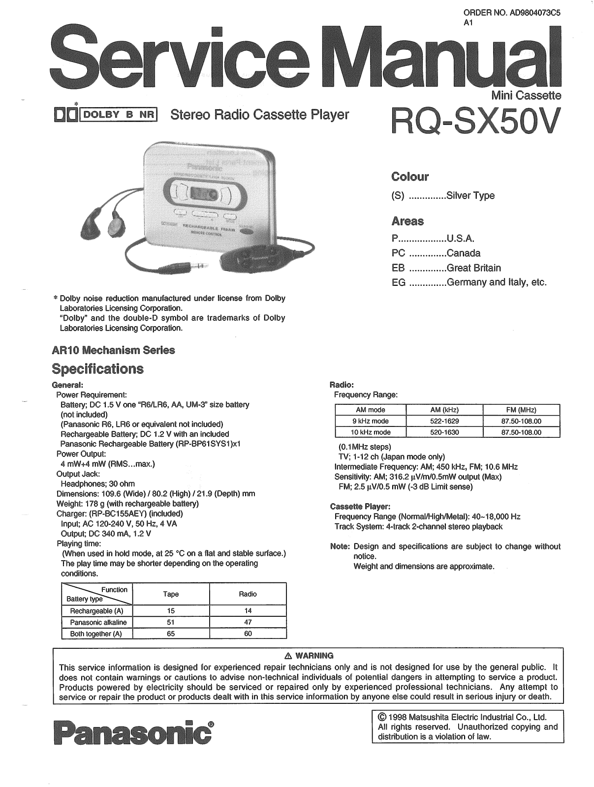 Panasonic RQ-SX50 User Manual