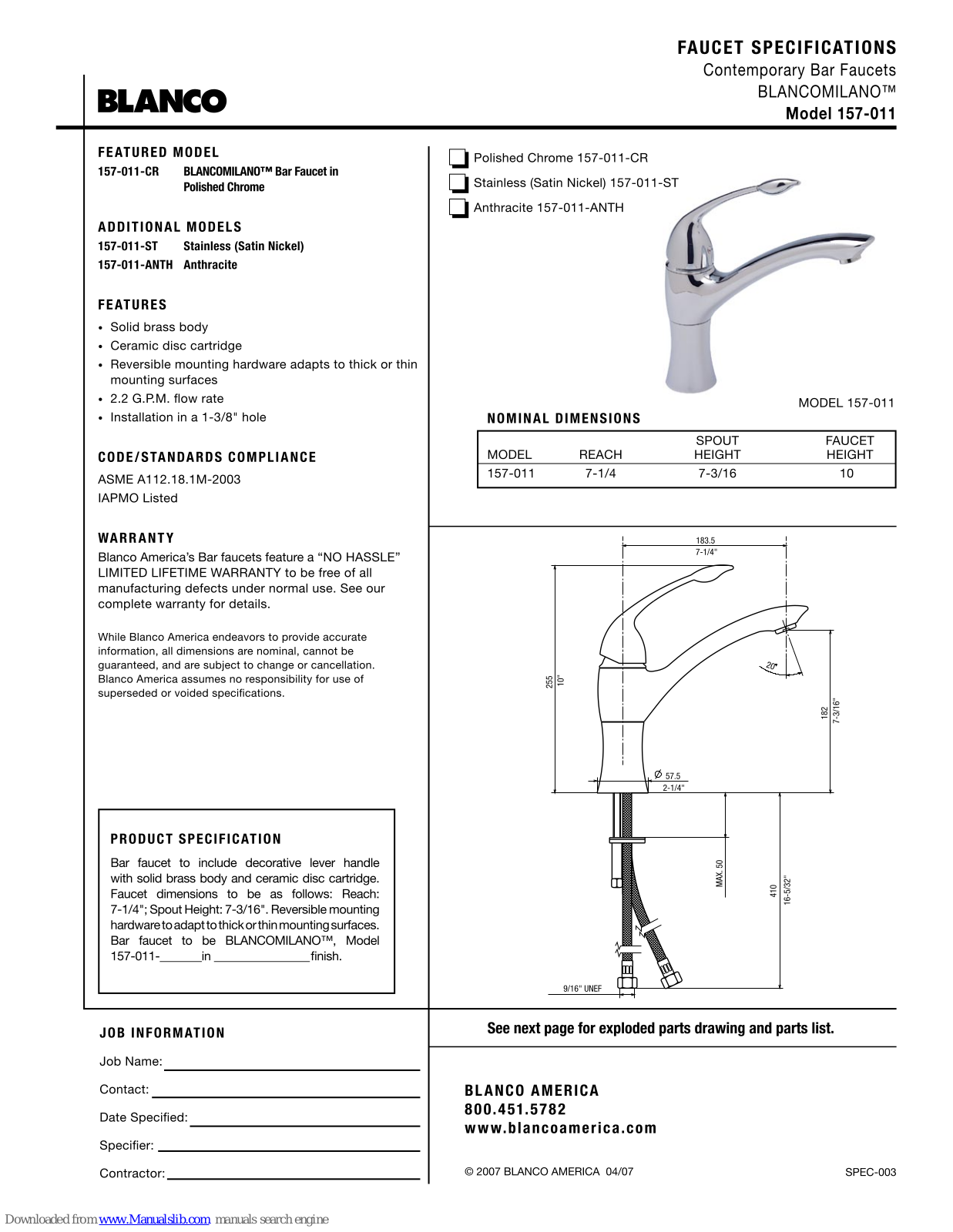 Blanco 157-011-CR, 157-011-ST, 157-011-ANTH Specifications