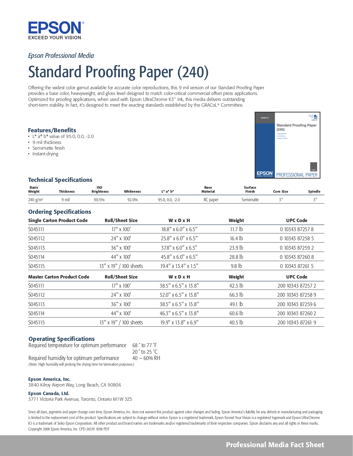 Epson C13S045115 Product Data Sheet