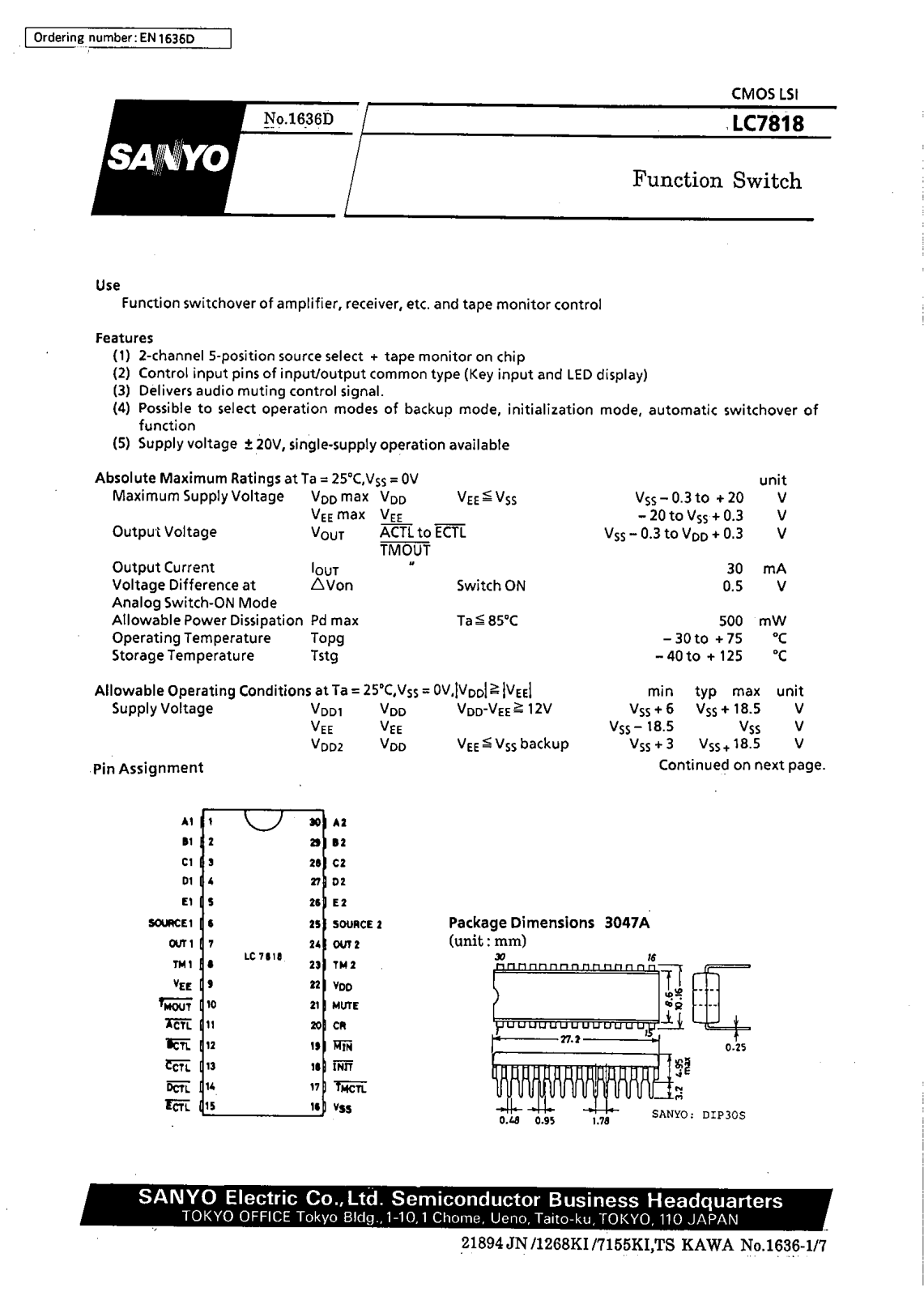 SANYO LC7818 Datasheet