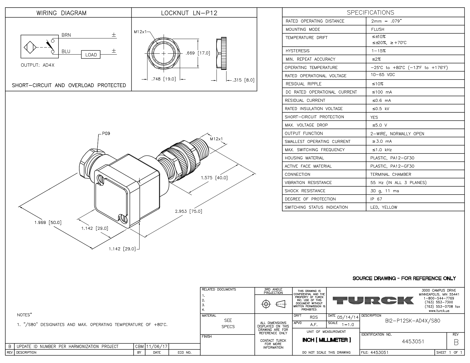 Turck BI2-P12SK-AD4X/S80 Data Sheet