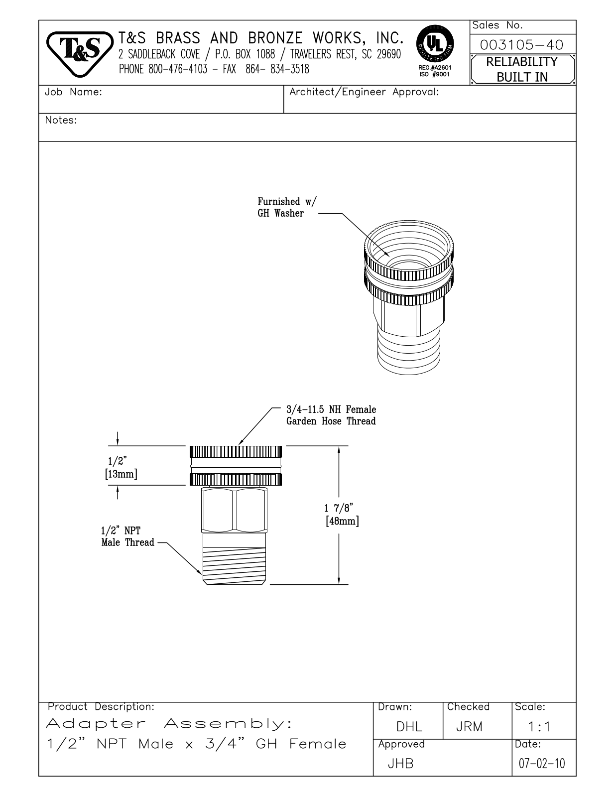 T&S Brass 003105-40 User Manual