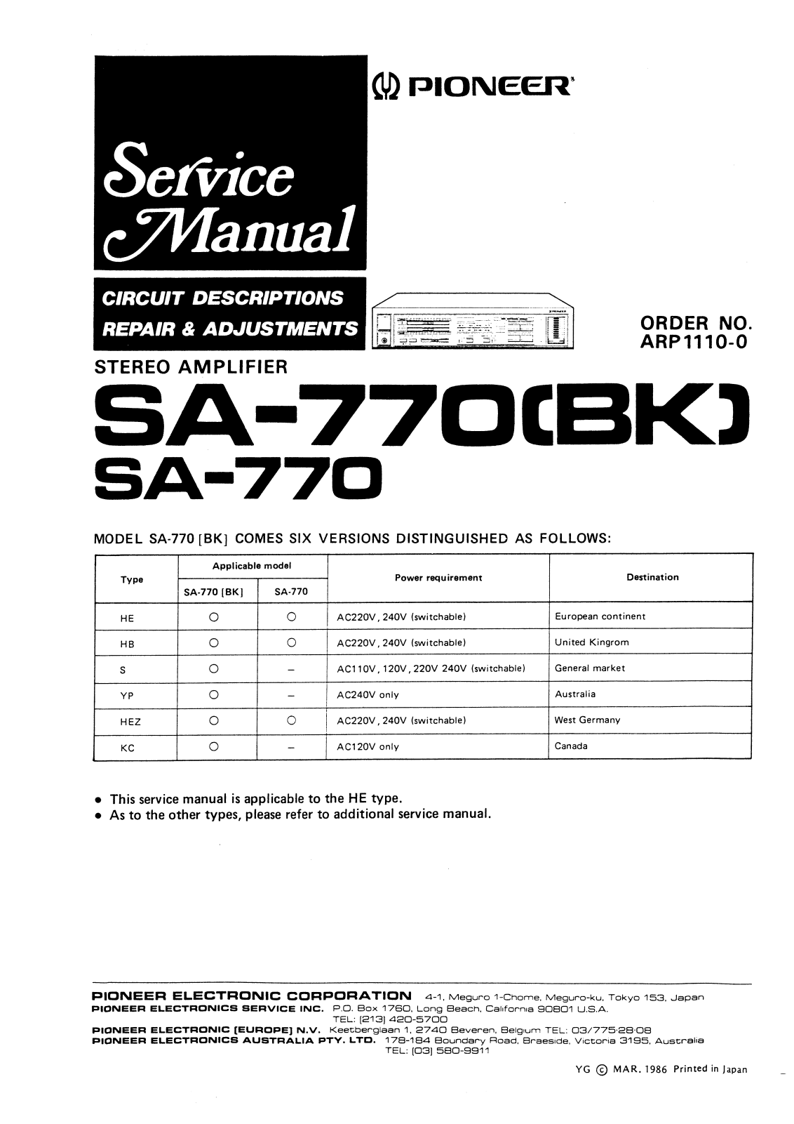 Pioneer SA770 Service Manual