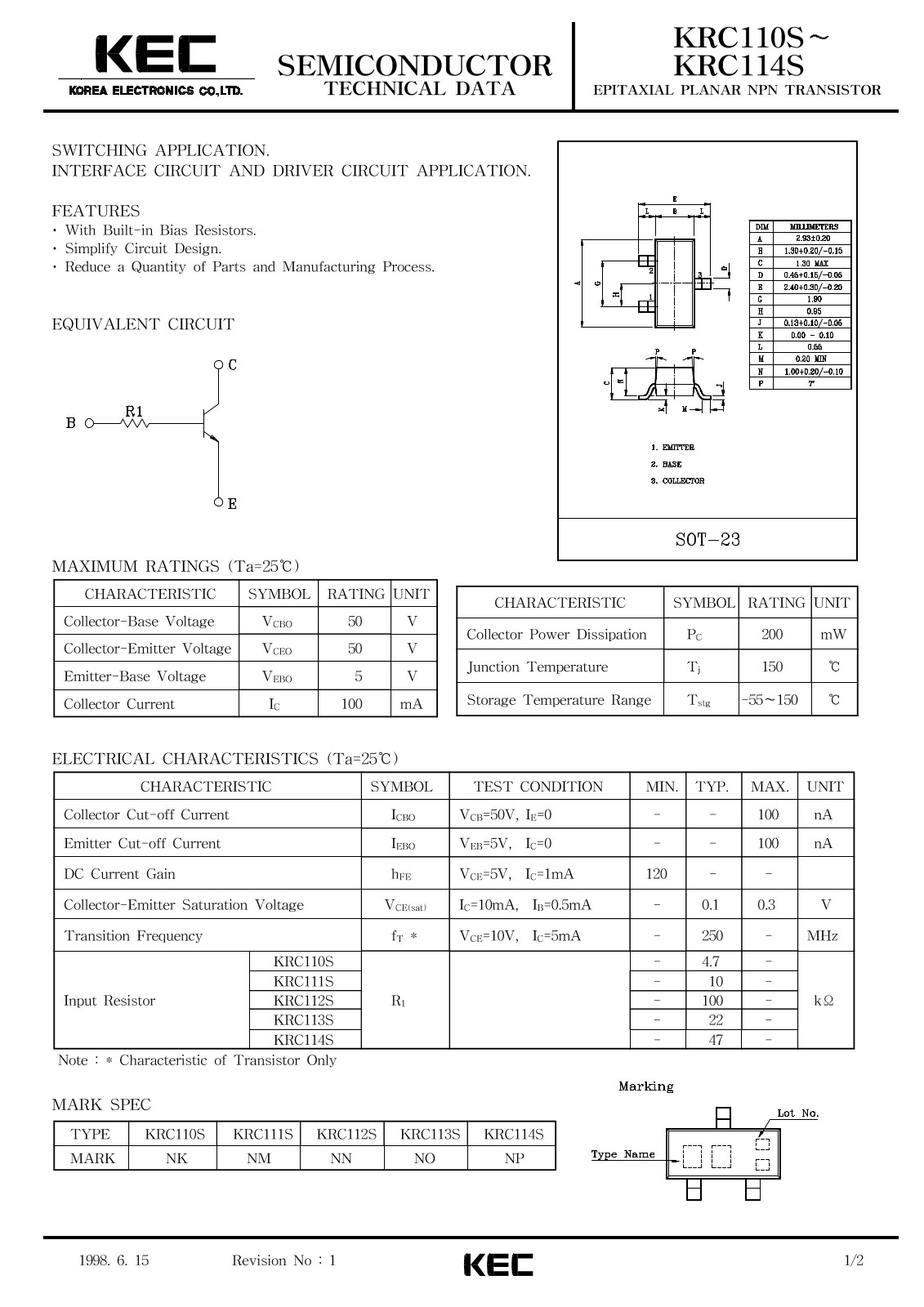 KEC KRC112S, KRC111S, KRC110S, KRC114S, KRC113S Datasheet