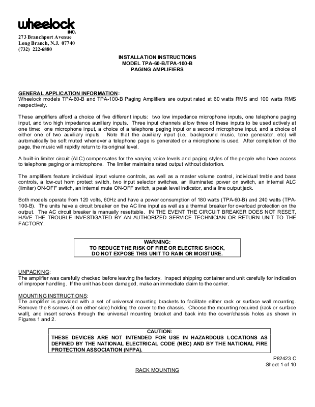 wheelock TPA-60-B, TPA-100-B INSTALLATION INSTRUCTIONS