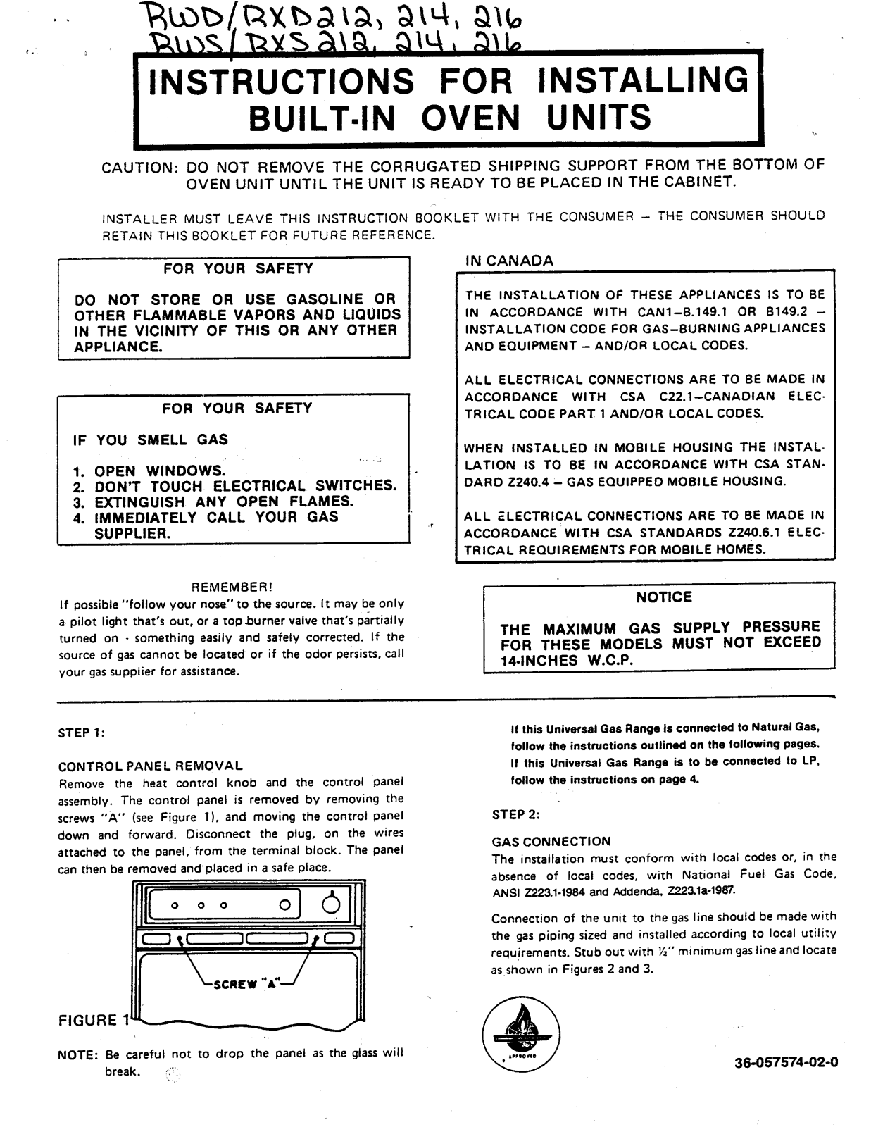 Caloric RWD212, RWD214, RWD216, RWS212, RWS214 Installation Instructions