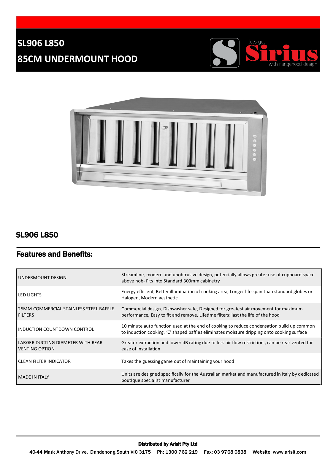 Sirius SL906L850 Specifications Sheet