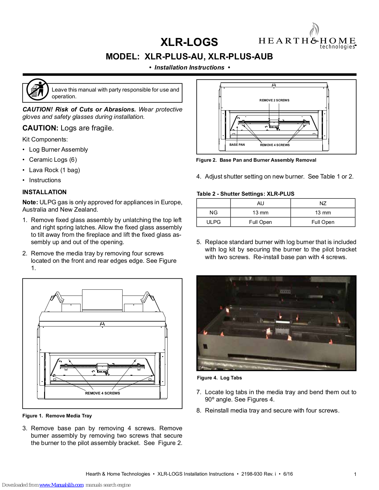 Hearth & Home XLR-LOGS Installation Instructions Manual