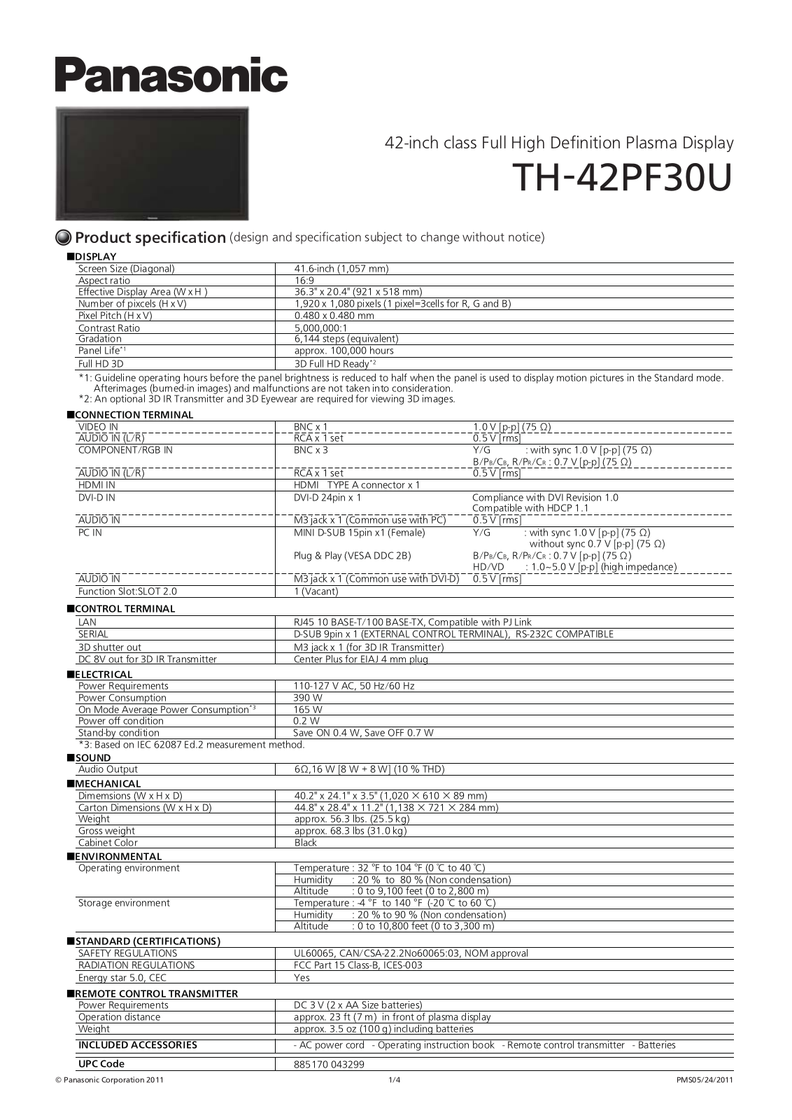 Panasonic TH-42PF30U Specification