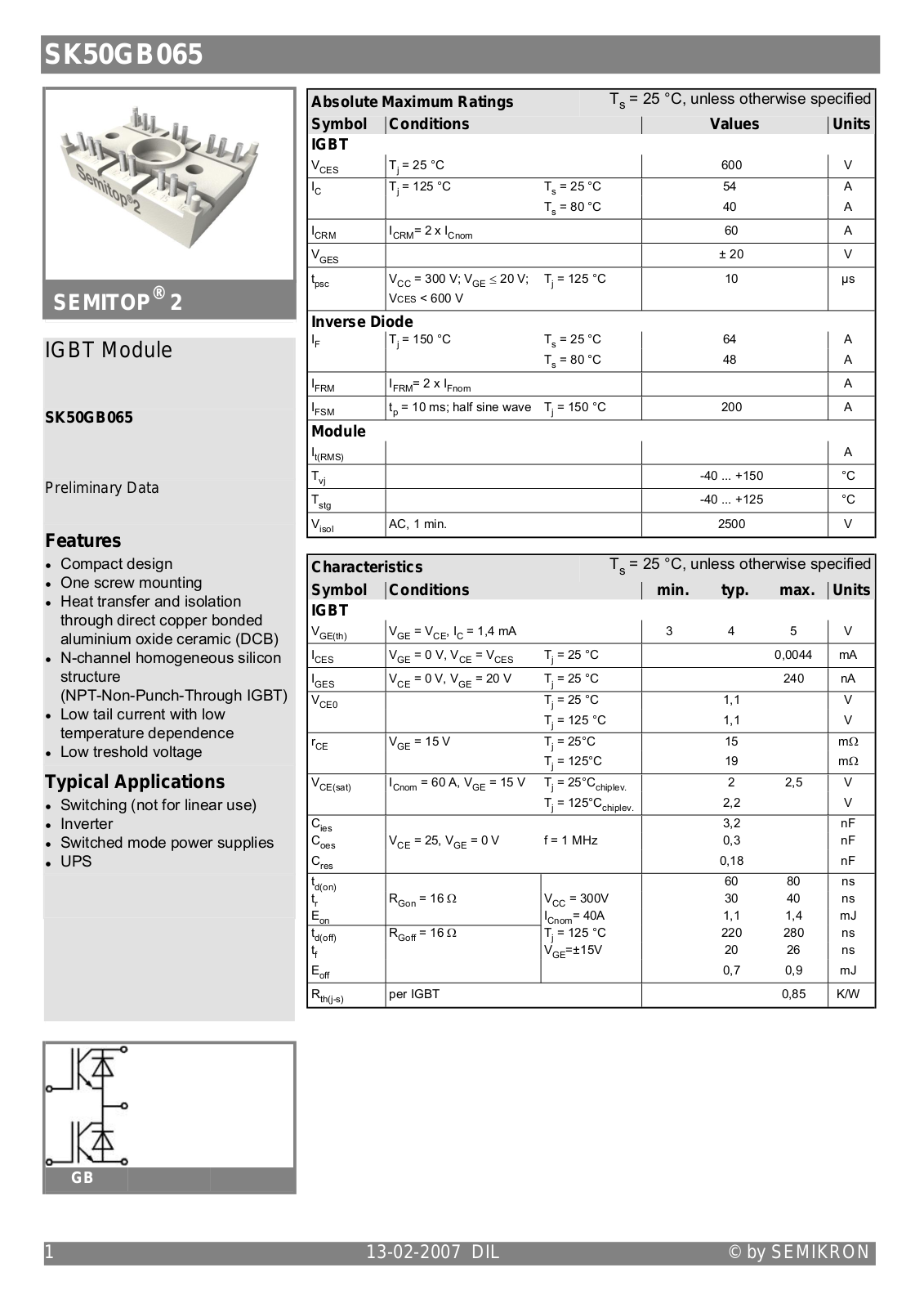 Semikron SK50GB065 Data Sheet