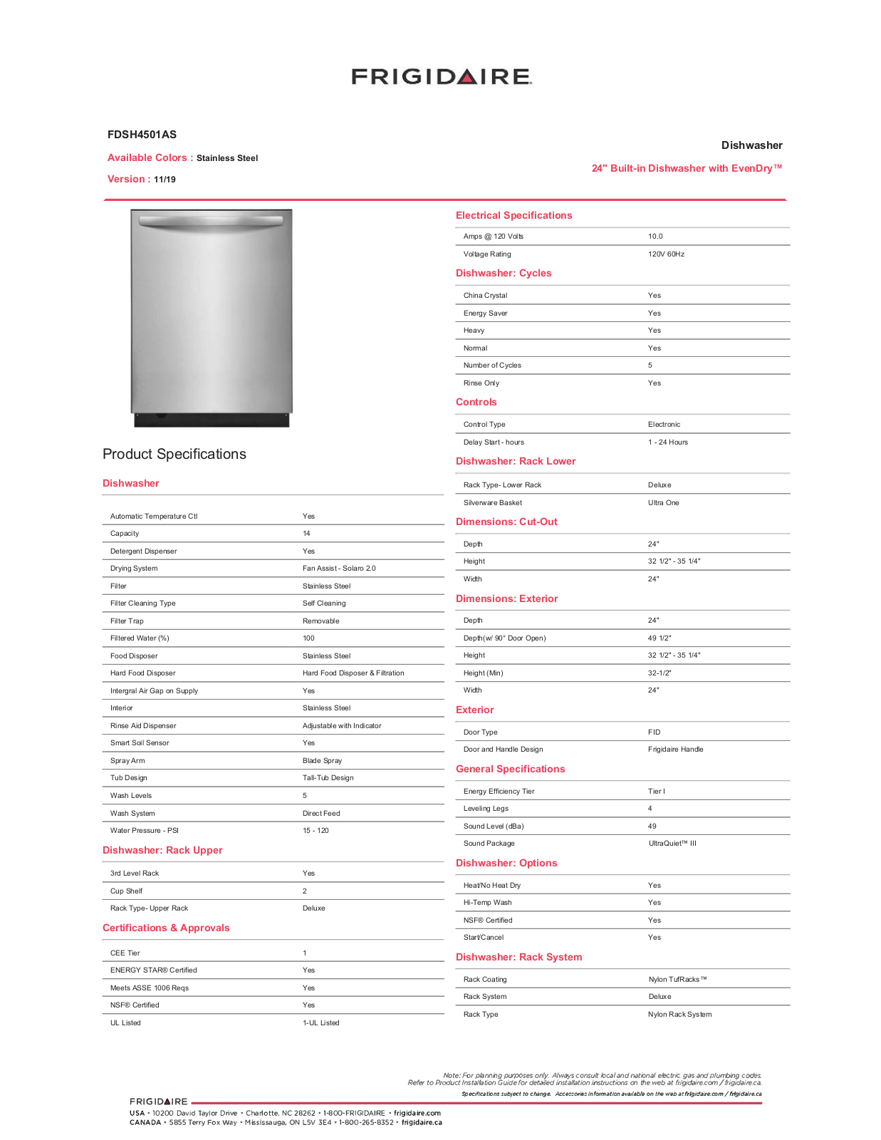 Frigidaire FDSH4501AS Specifications