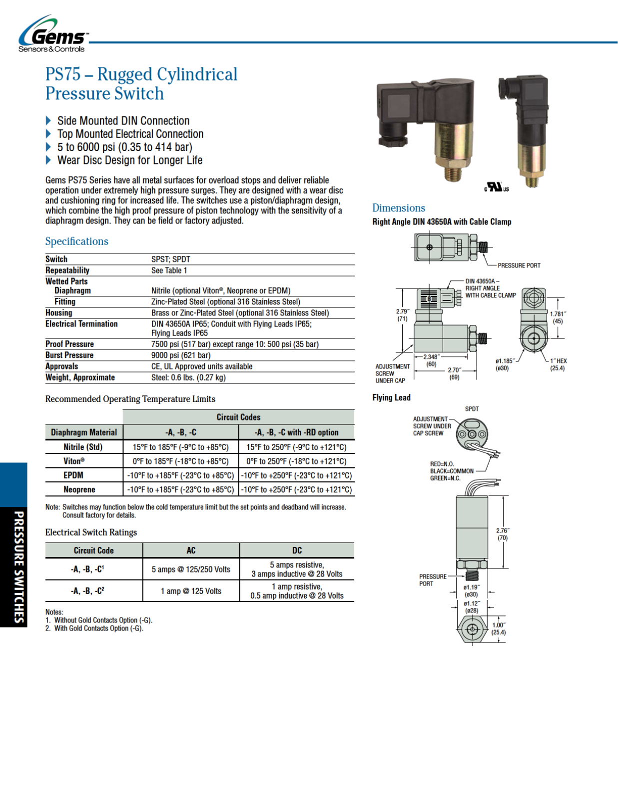 Gems Sensors & Controls PS75 Catalog Page