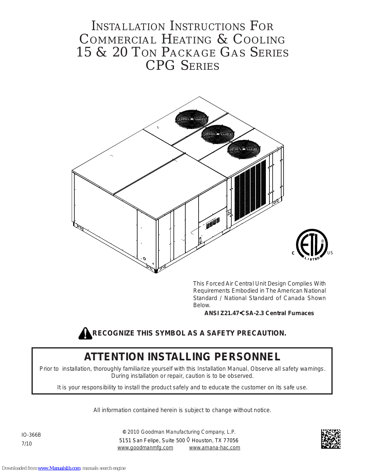 Goodman ANSI Z21.47CSA-2.3, CPG180, CPG240 Installation Instructions Manual