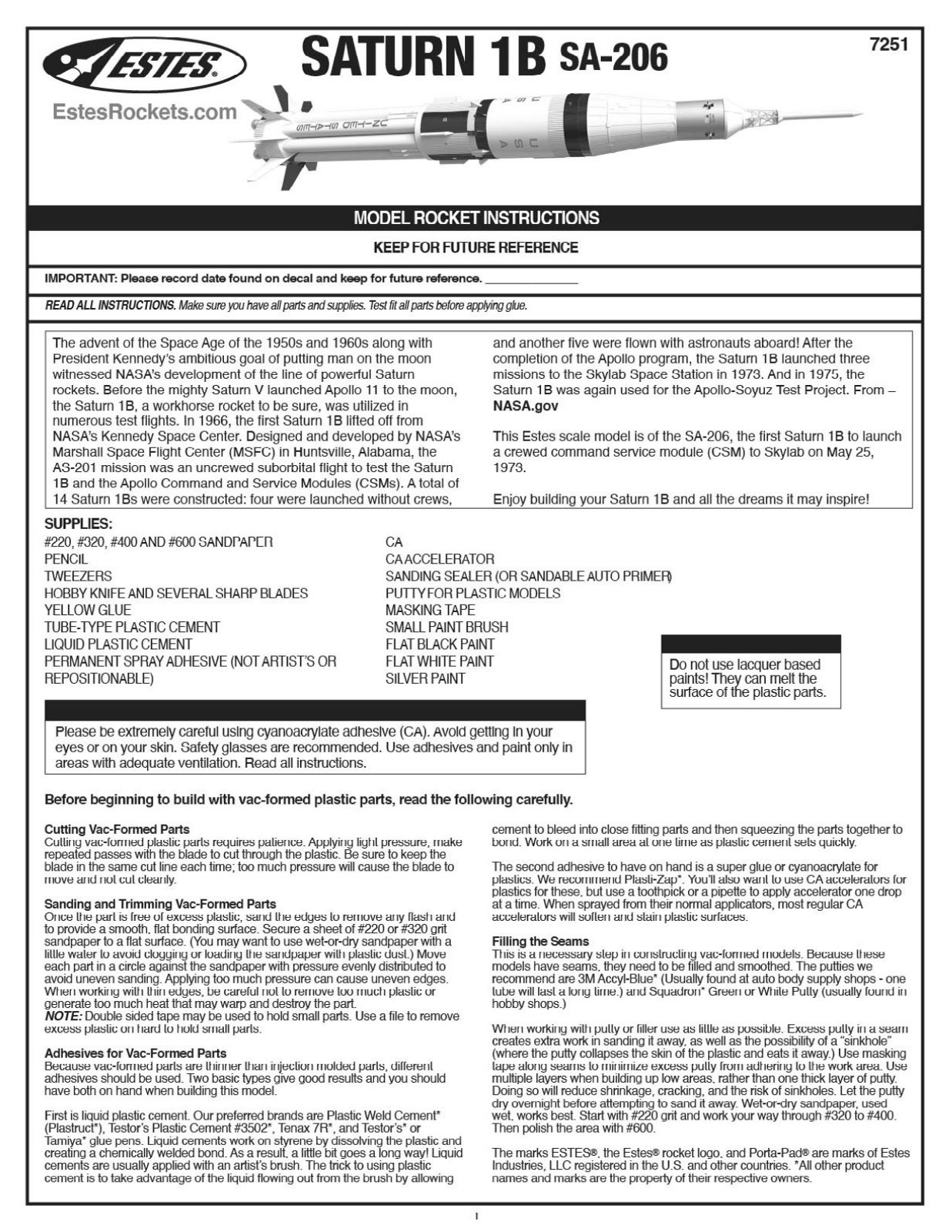 Estes Saturn 1B, 7251, SA-206 User guide - ManualMachine.com