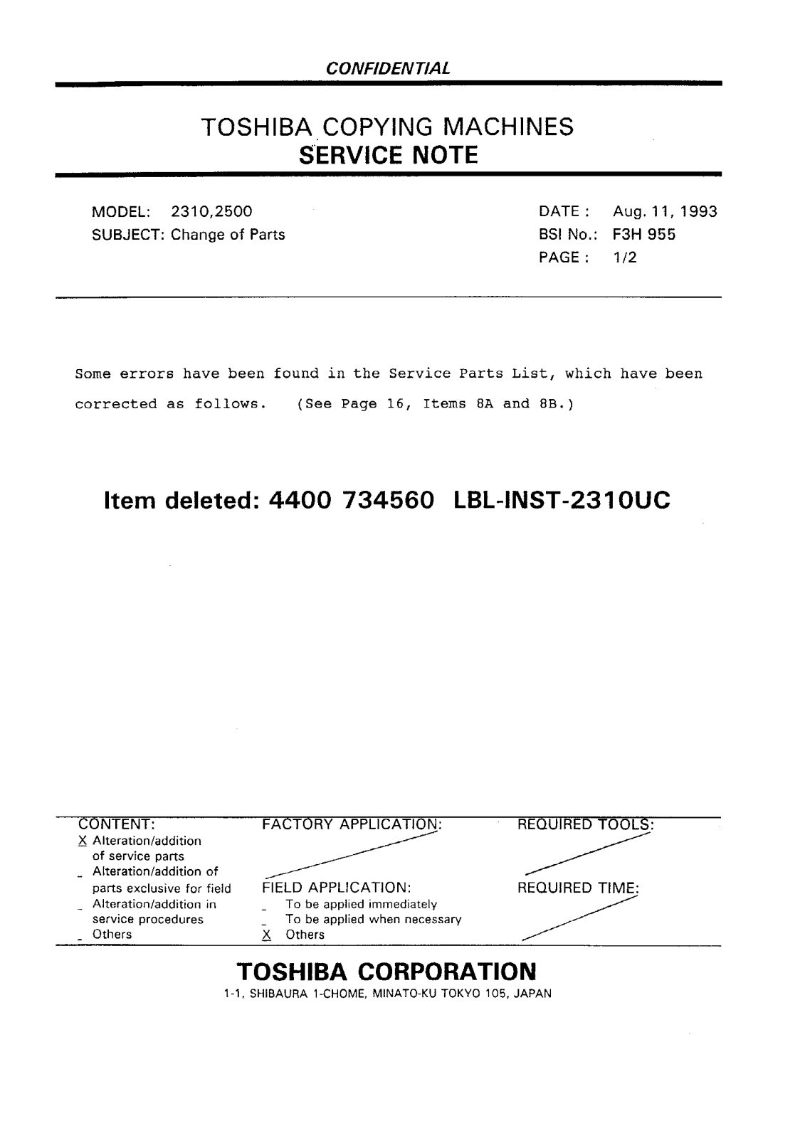 Toshiba f3h955 Service Note