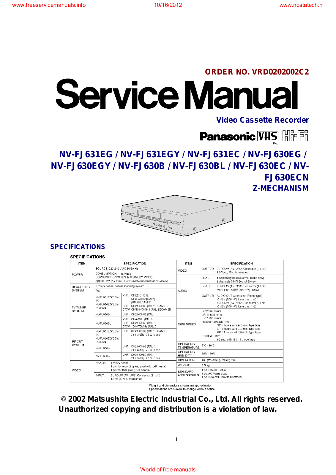 Panasonic NV-FJ631EG, NV-FJ630EGY, NV-FJ630B, NV-FJ630BL, NV-FJ630EC Service Manual