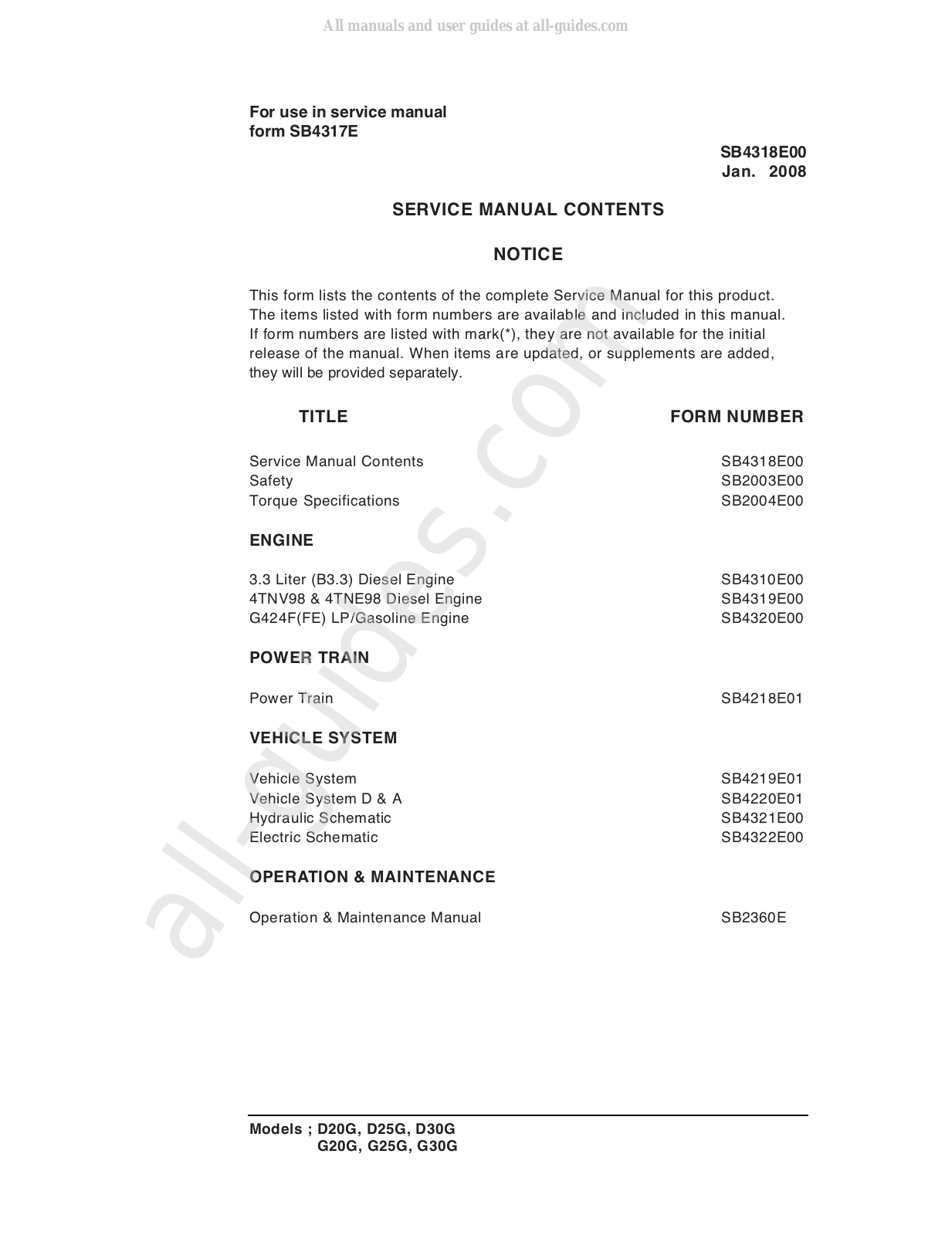 Doosan D20G, D30G, D25G, G20G, G30G Service Manual