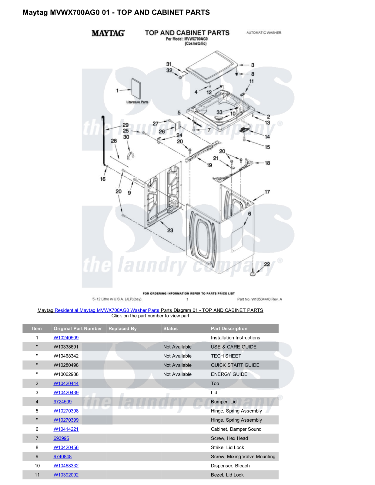 Maytag MVWX700AG0 Parts Diagram