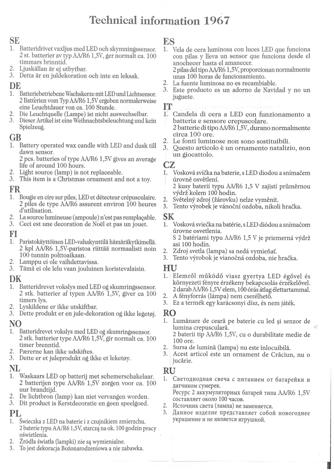 Konstsmide 1967 Technical Information