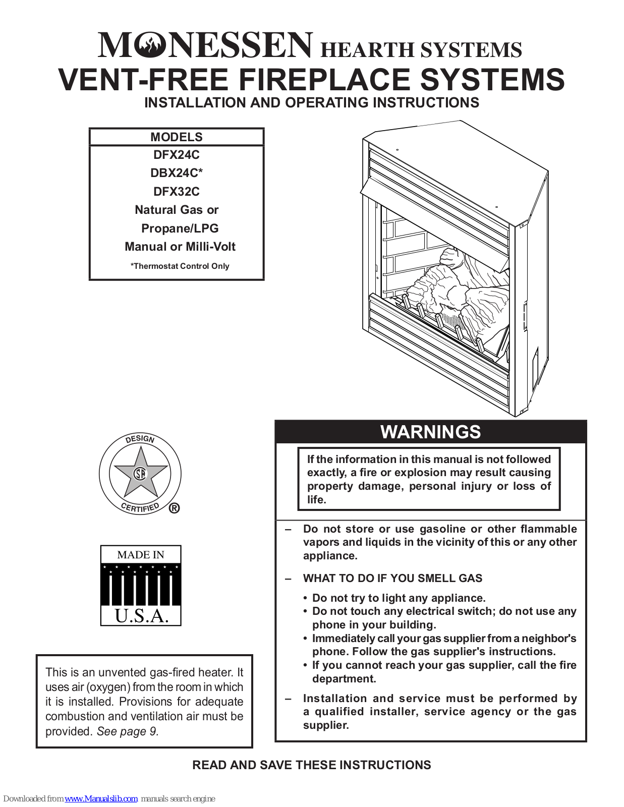 Monessen Hearth DFX24C, DBX24C, DFX32C, DFX24NMC, DFX24NVC Installation And Operating Instructions Manual