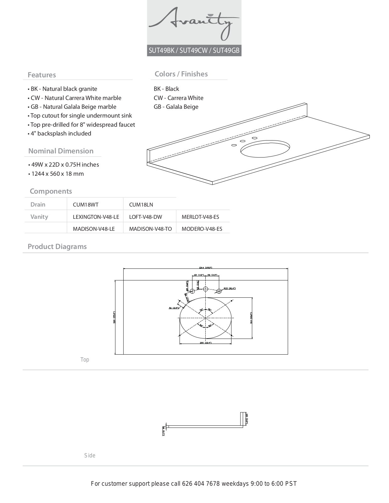 Avanity SUT49BK Specifications