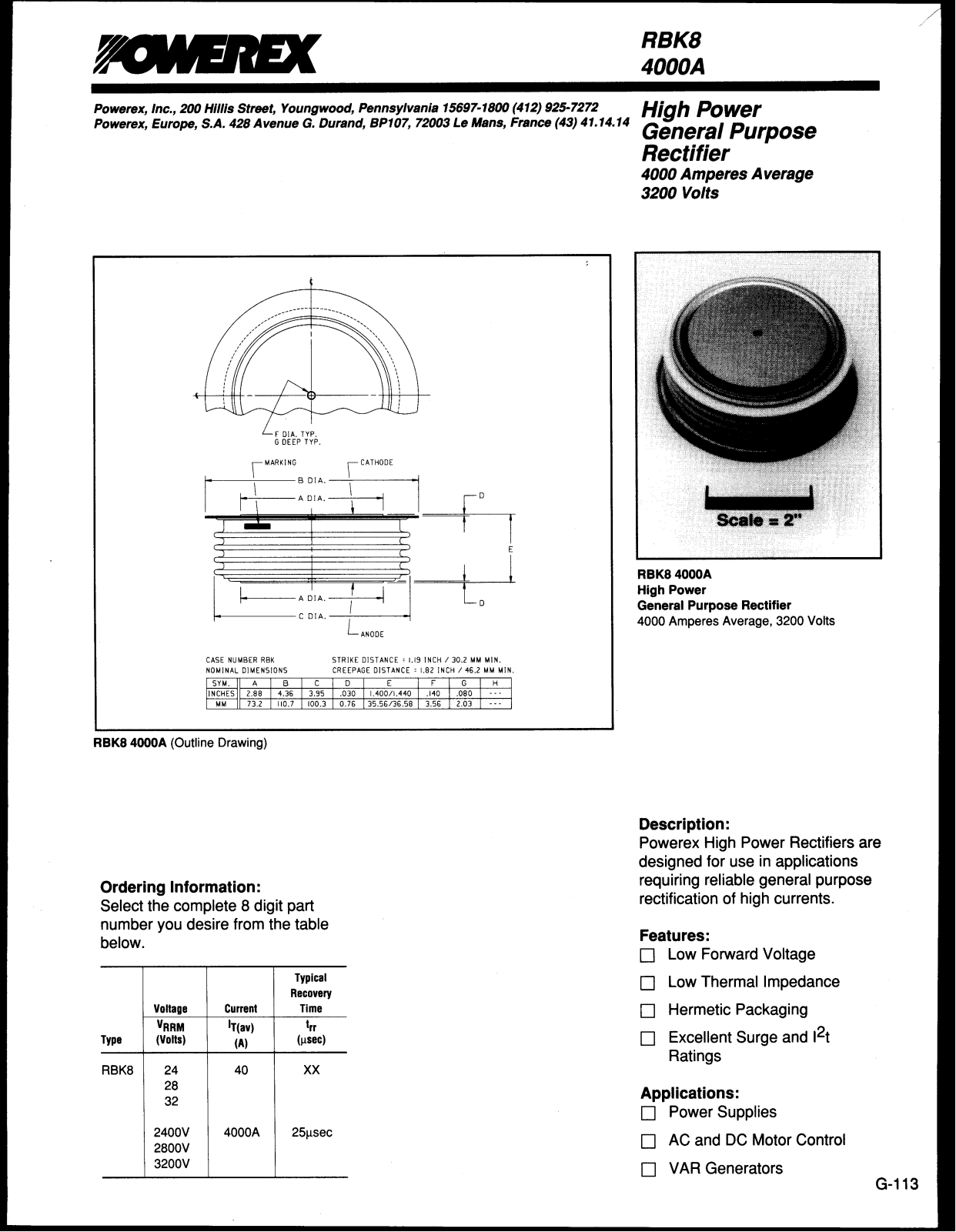 Powerex RBK8 4000A Data Sheet