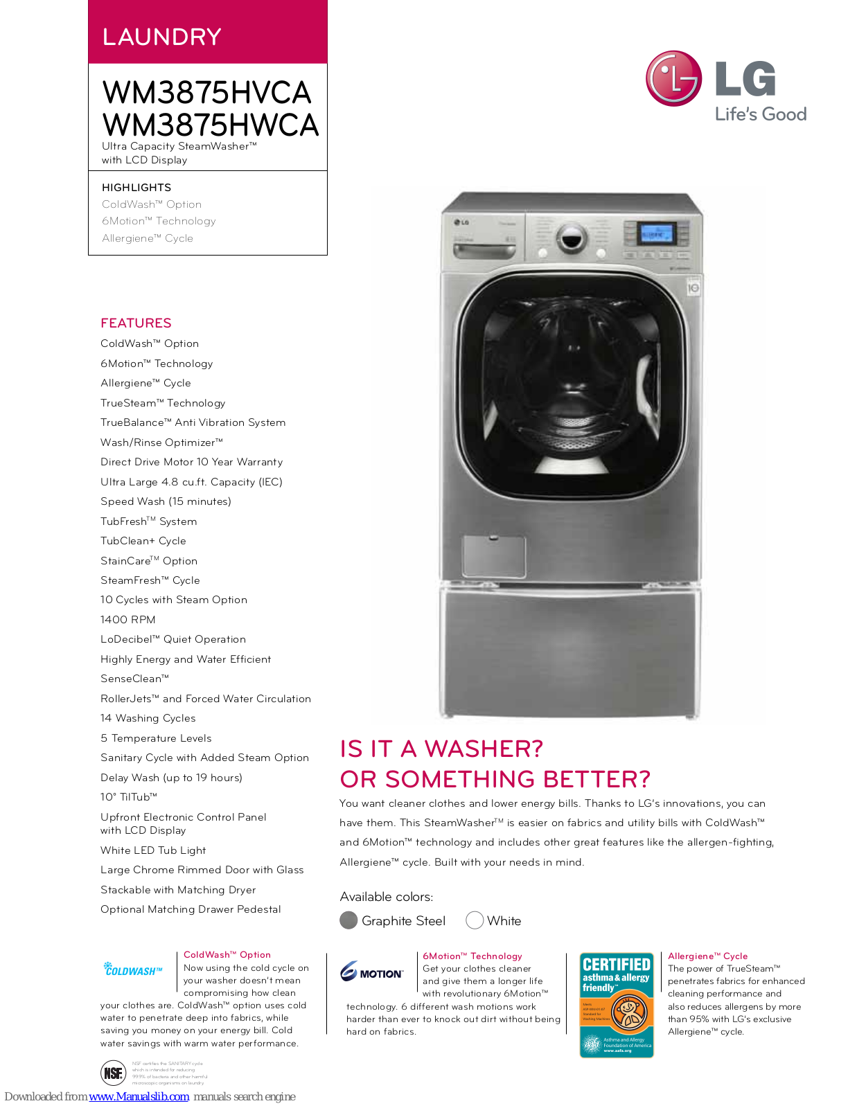 LG WM3875H, SteamWasher WM3875HVCA, SteamWasher WM3875HWCA Specifications