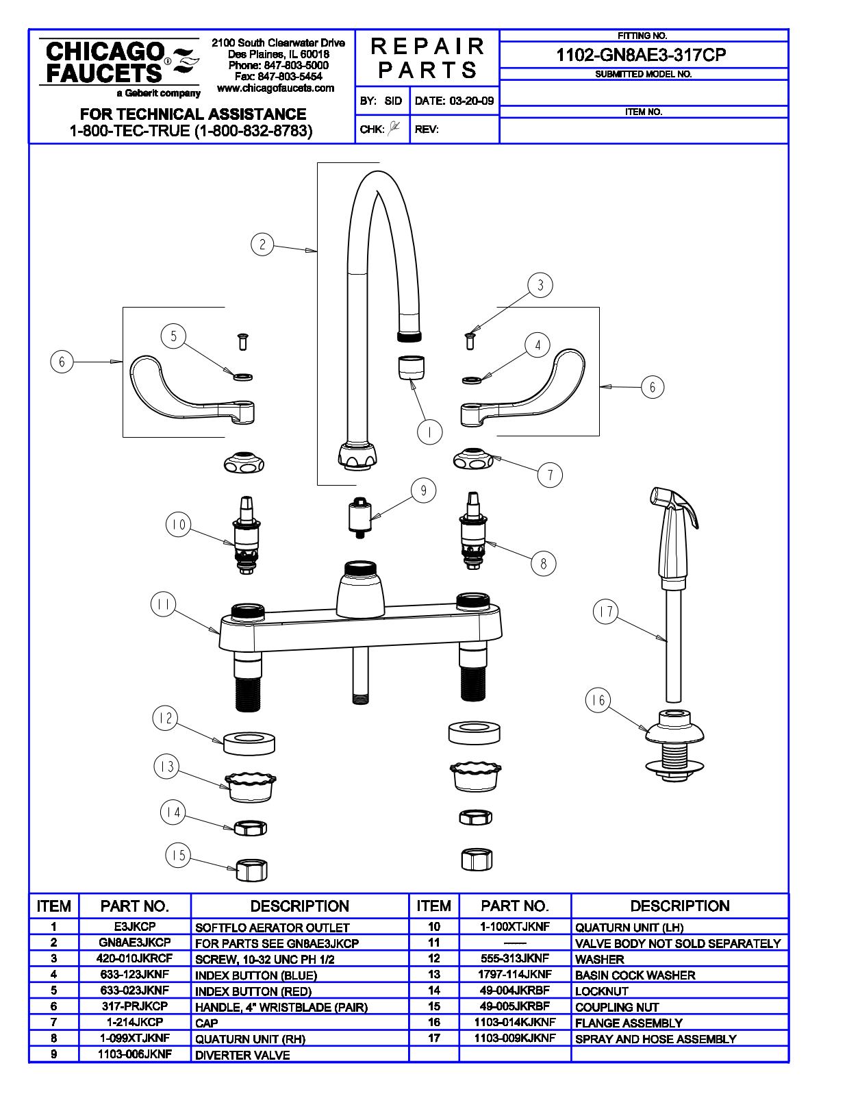 Chicago Faucet 1102-GN8AE3-317 Parts List