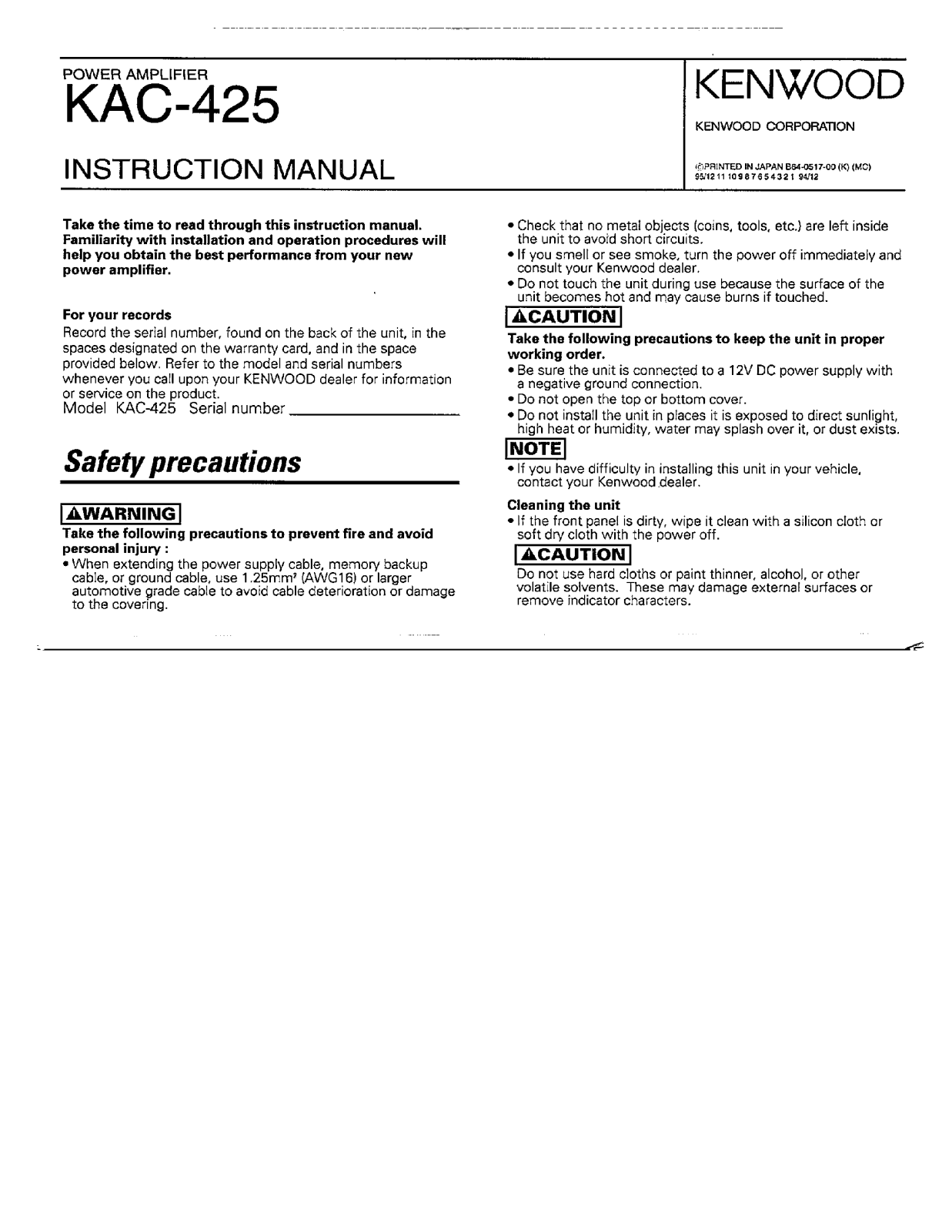 Kenwood KAC-425 Owner's Manual