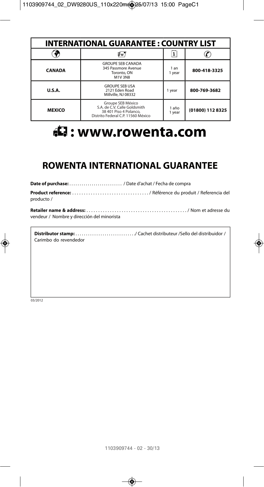 Rowenta DW9280 User Manual