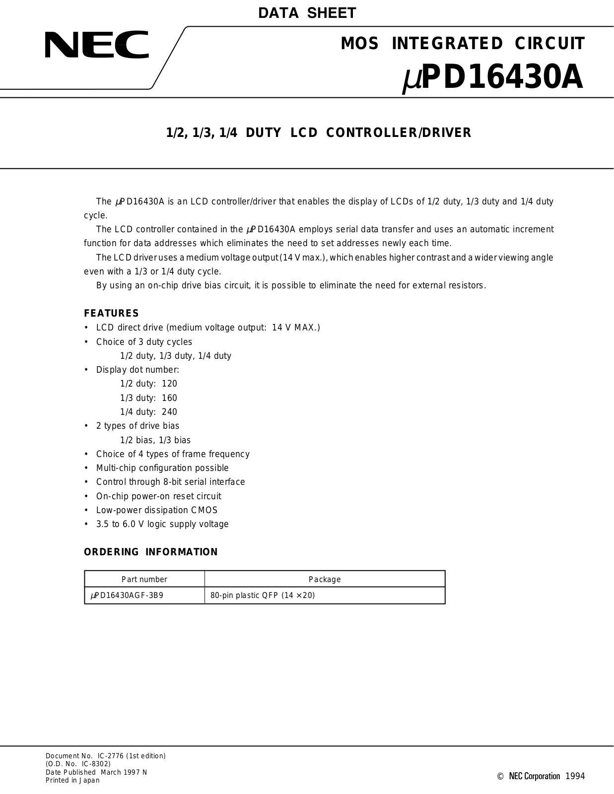 NEC UPD16430AGF-3B9 Datasheet