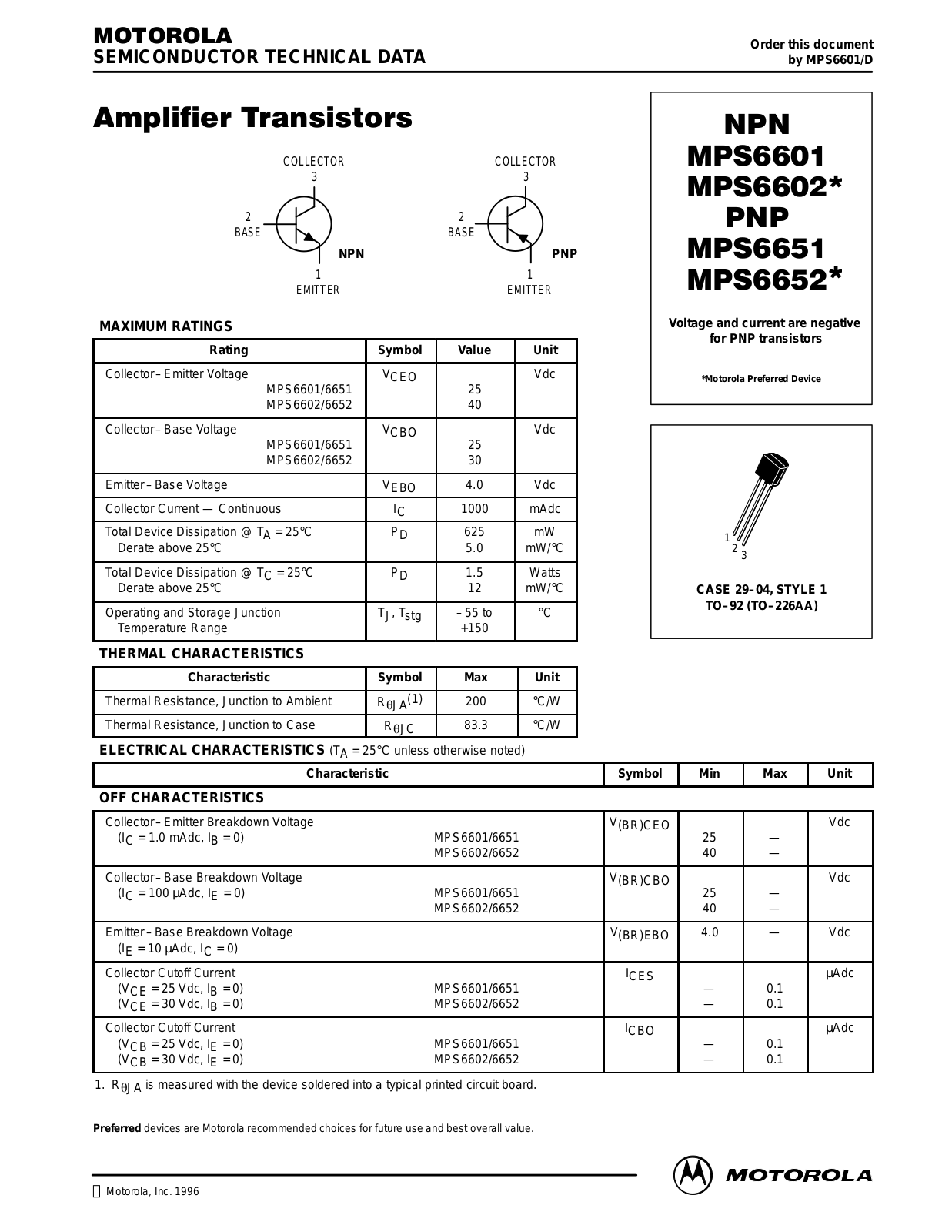 Motorola MPS6601, MPS6651, MPS6652 Datasheet