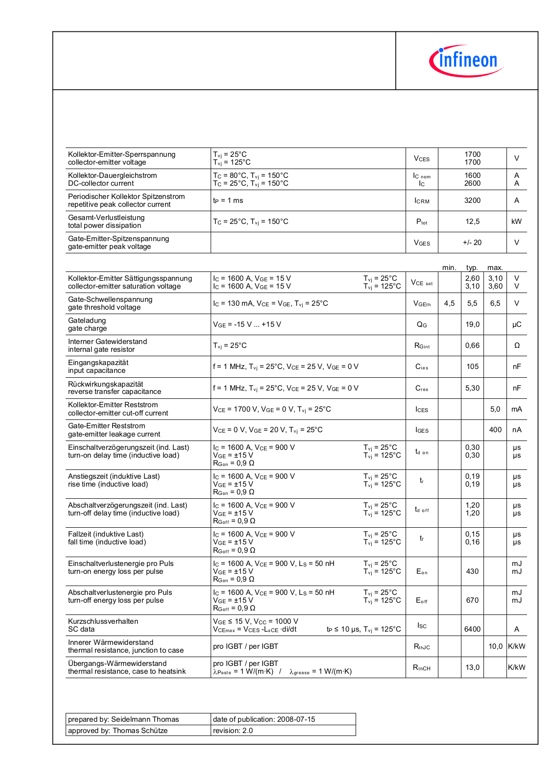 Infineon FD1600/1200R17KF6C-B2 Data Sheet