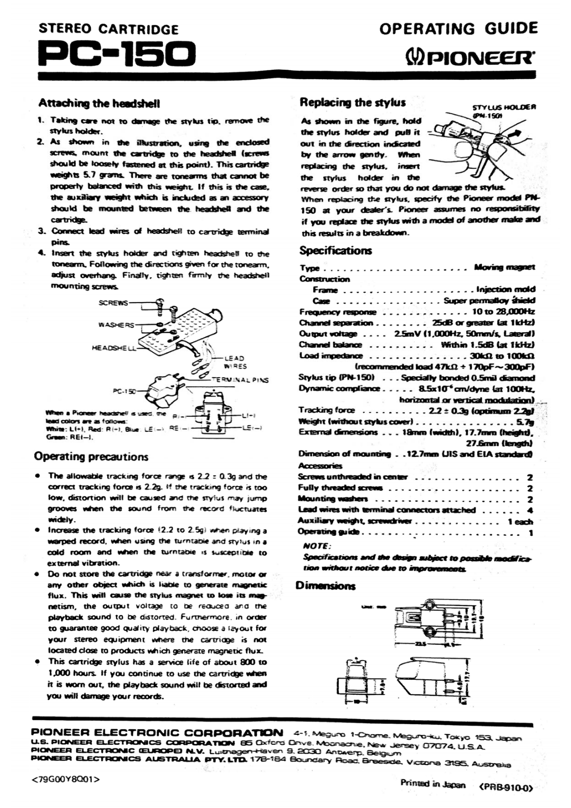 Pioneer PC-150 Owners Manual