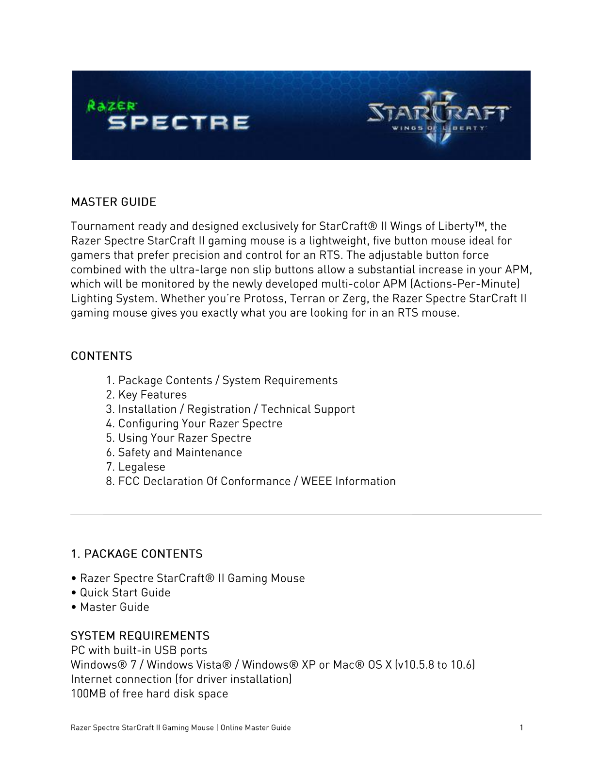 Razer Spectre StarCraft II User Manual