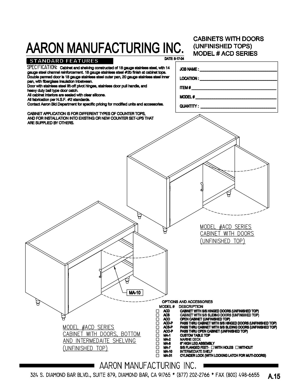 Aaron Manufacturing ACD-20108 User Manual