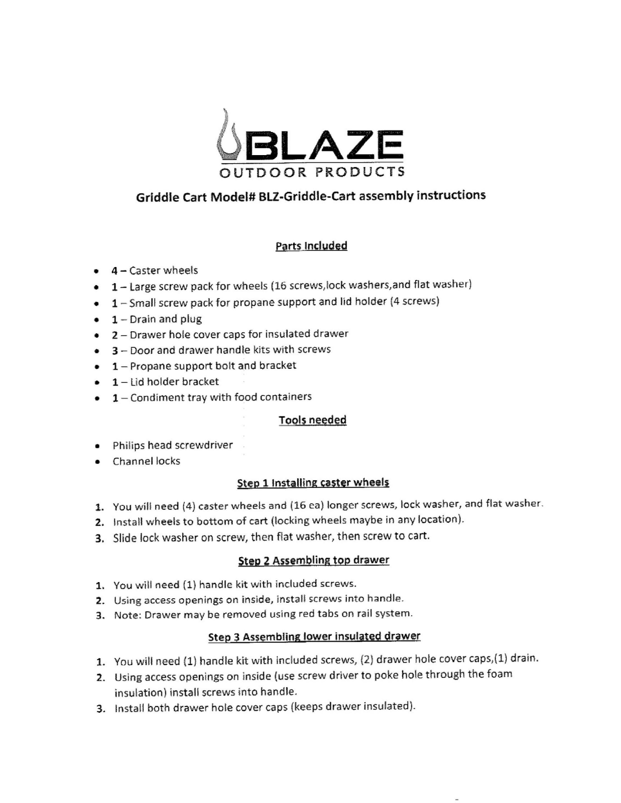 Blaze BLZGRIDDLECART Assembly manual