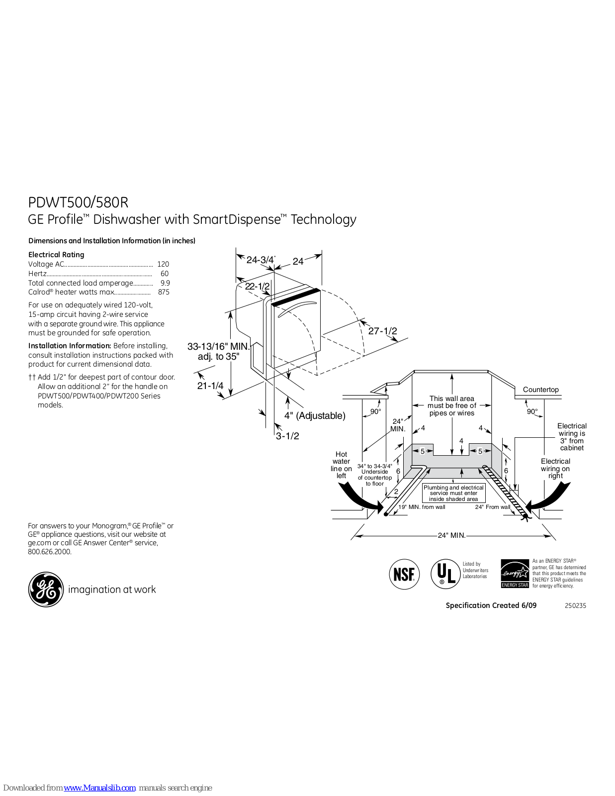 GE Profile PDWT500/580R, Profile PDWT500RBB, Profile PDWT500RWW, Profile PDWT580RSS, Profile PDWT500R Dimensions And Installation Information