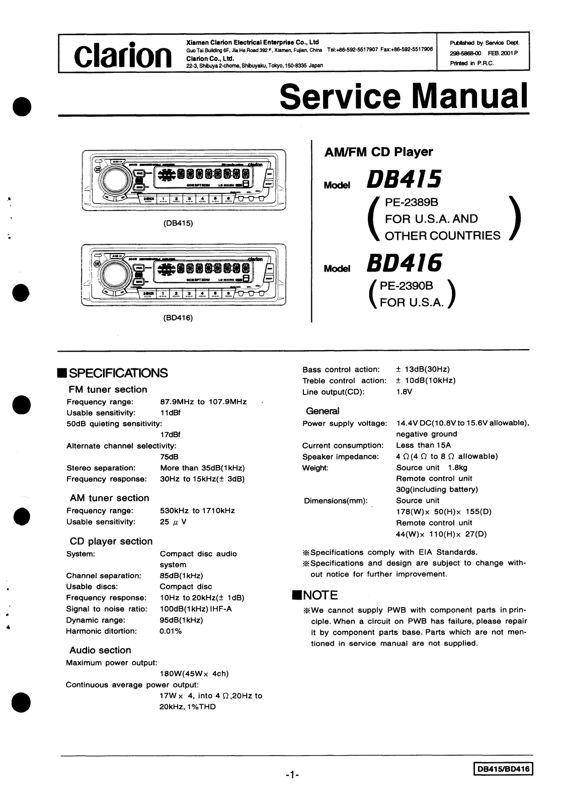 Clarion DB415, BD416 Service Manual