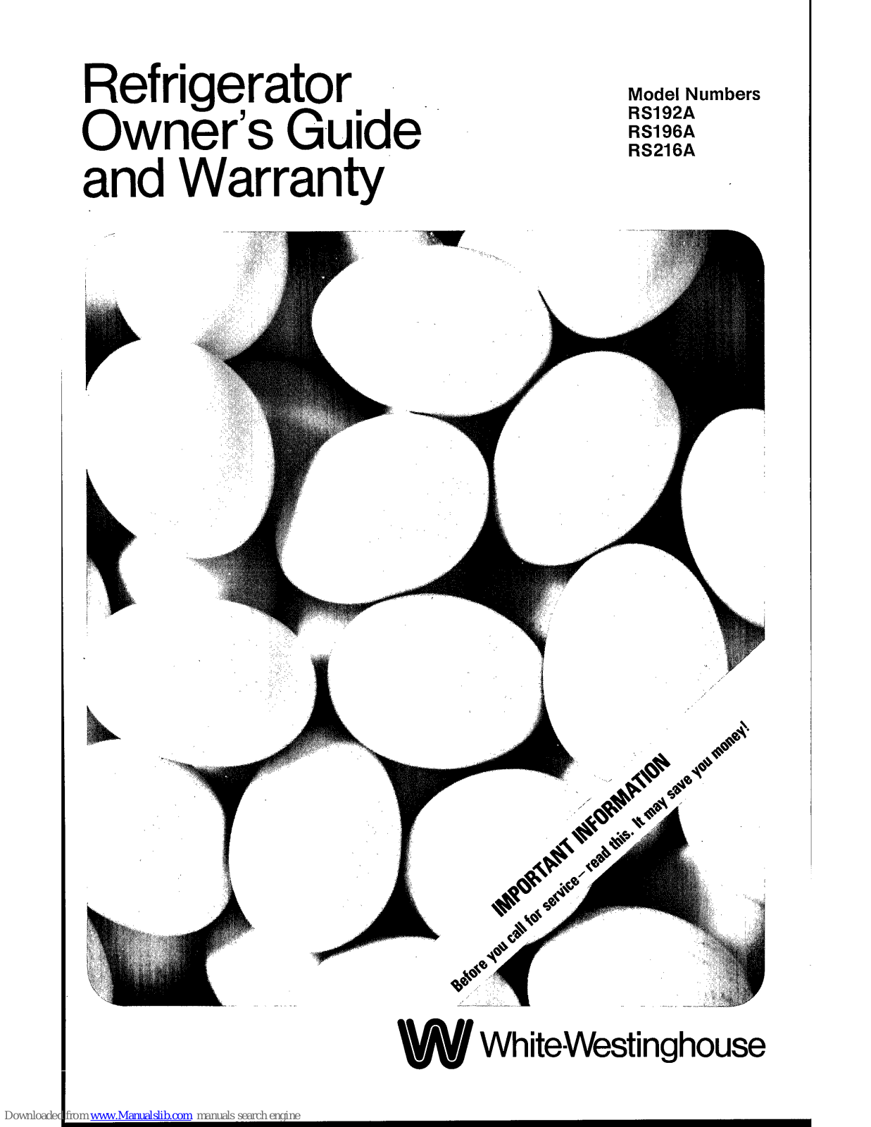 White-Westinghouse RS192A, RS196A, RS216A Owner's Manual And Warranty