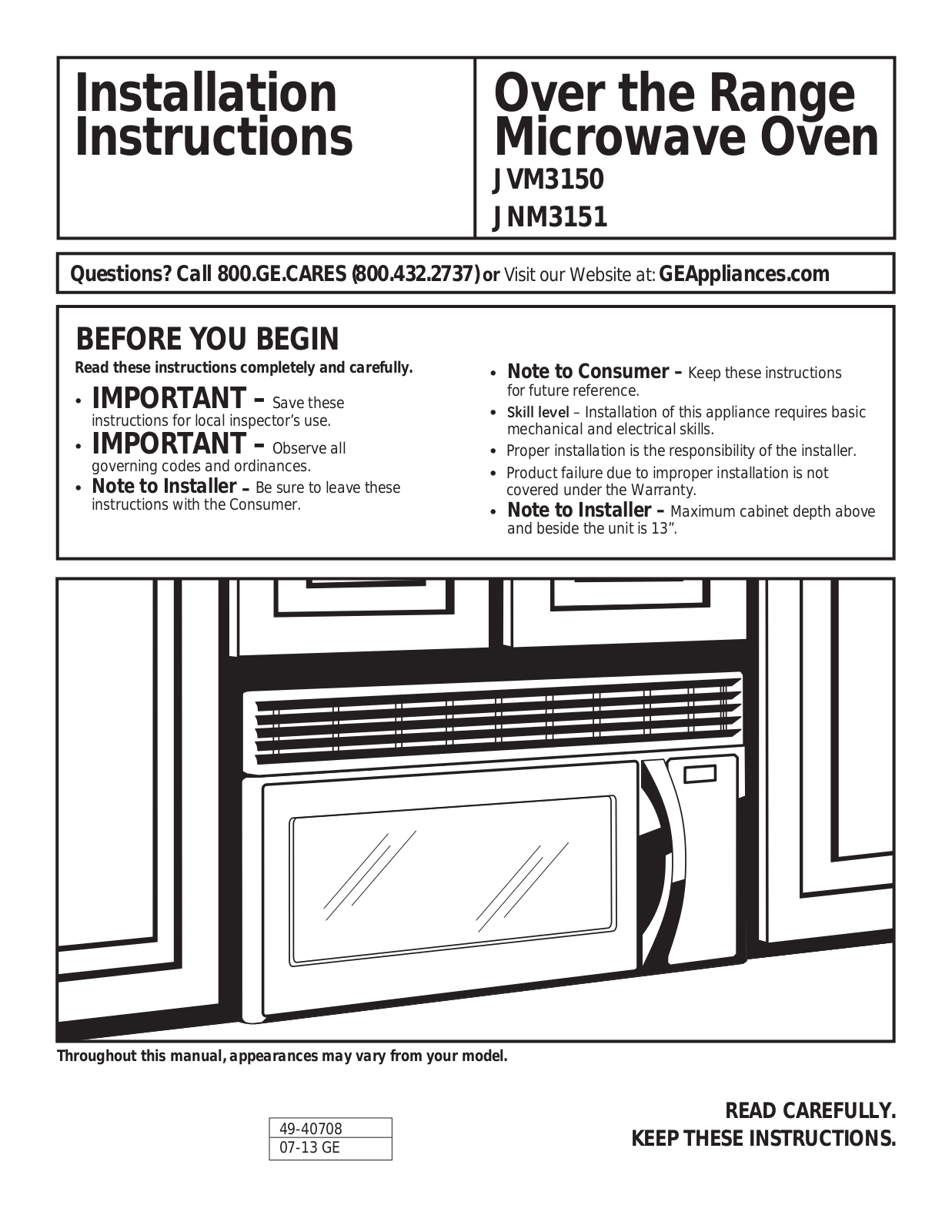 GE JNM3151DFBB, JVM3150DFWW, JVM3150RFSS, JNM3151DFWW, JVM3150DFBB Installation Guide