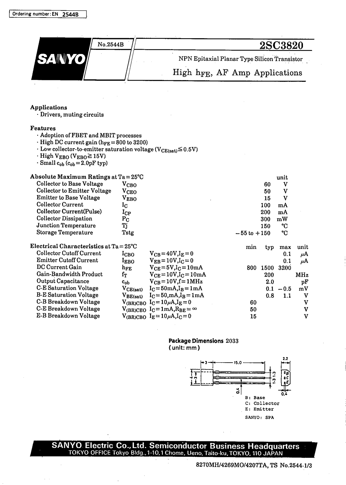 SANYO 2SC3820 Datasheet