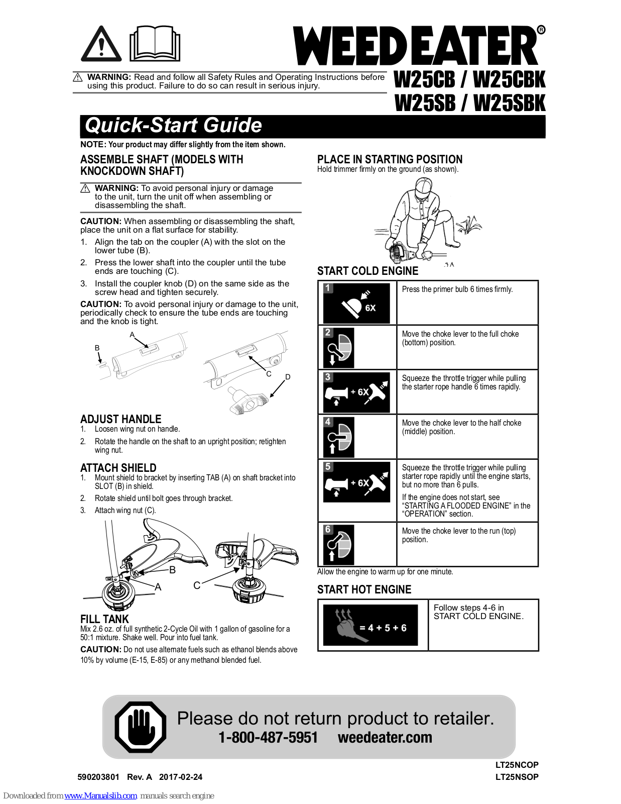 Weed Eater W25CB, W25CBK, W25SB, W25SBK Quick Start Manual