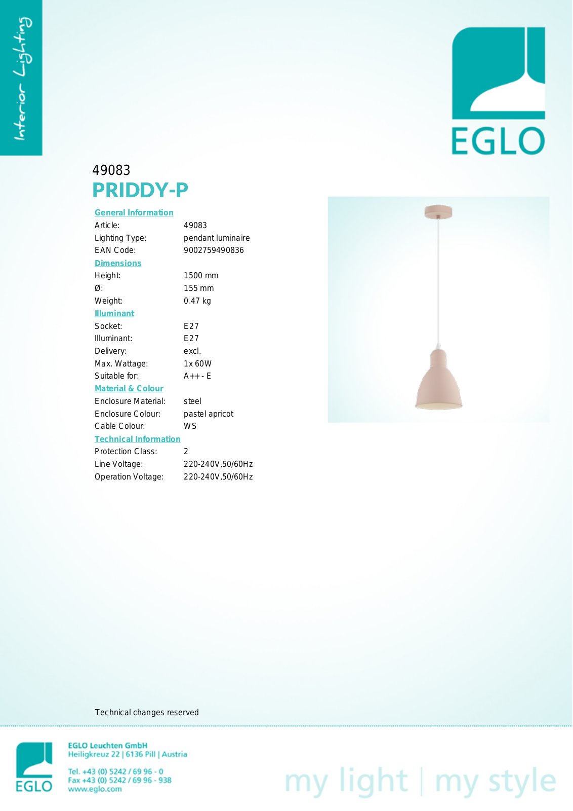 Eglo 49083 Technical data